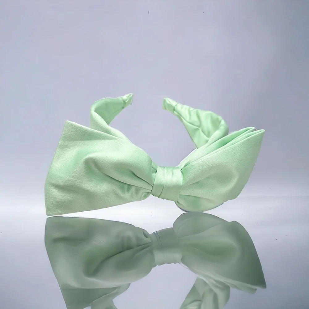 Pastel Mint Green Oversized Bow Thick Silky Satin Headband - Picture 2 of 4